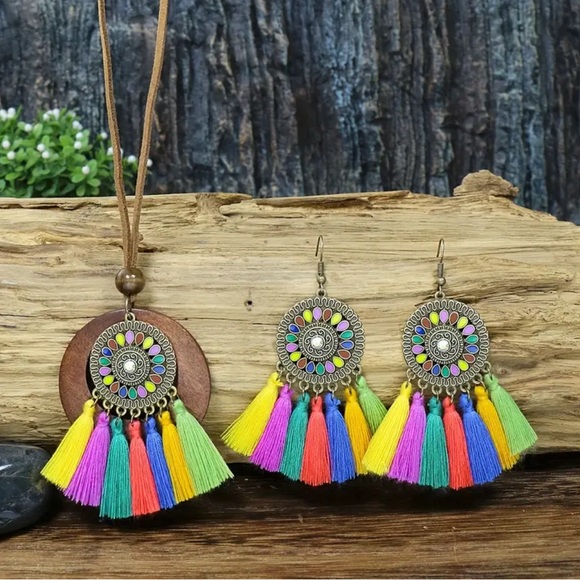 932 ❤️ 3 Pc Bohemian Ethnic Tassel Necklace Earring Jewelry Boho Set - Picture 4 of 8
